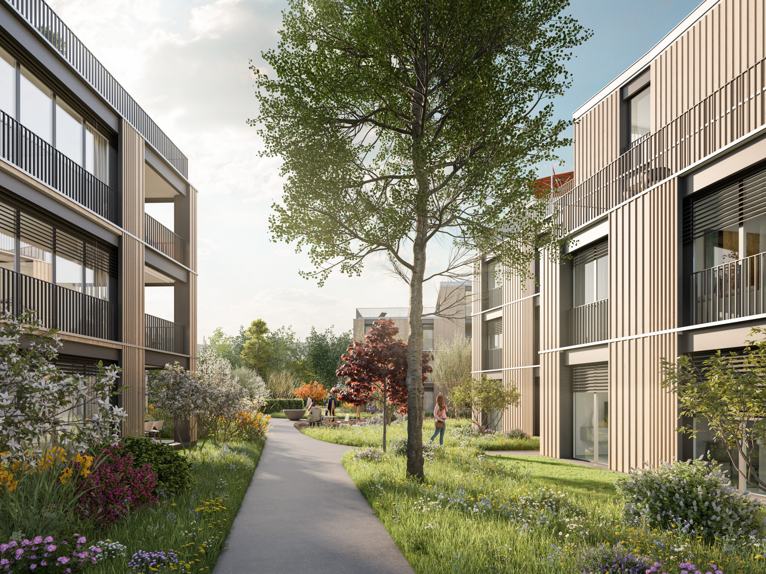 Salmsach Neubau Wohnbau 3 Dualwohnbauten 21 Eigentumswohnungen Schulstrasse 13 Raum Romanshorn Seenähe Holzhybridbau Wohnen im Park hoher Baustandard
